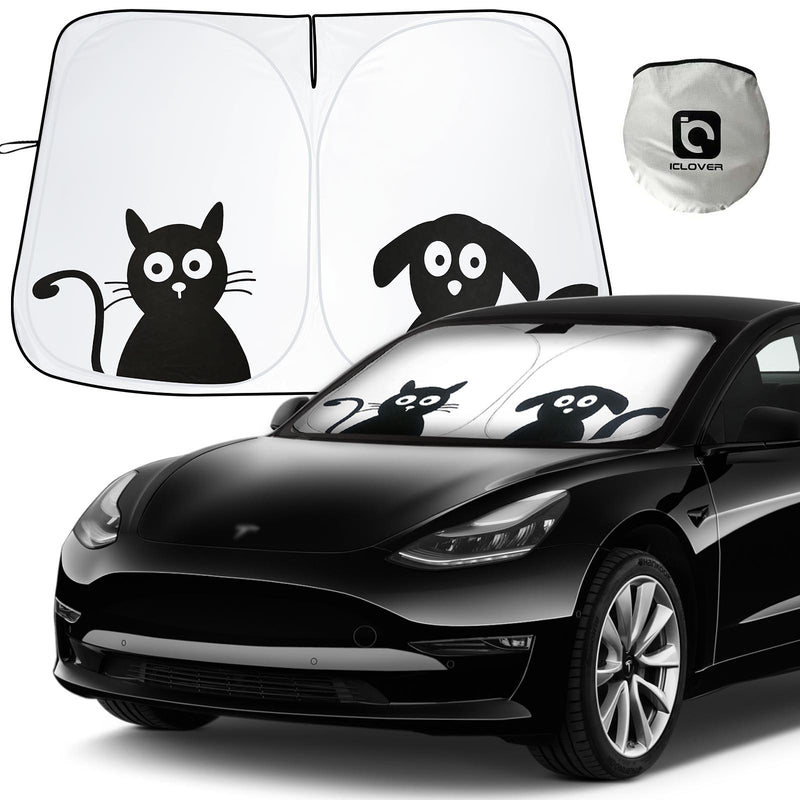 IC ICLOVER Windshield Sun Shade for Tesla Model 3 Model Y with Cat & Dog Design, 240T Polyester Foldable Front Window Sun Shield Cover, Block Heat and UV Rays Automotive Interior Sun Protection Visor