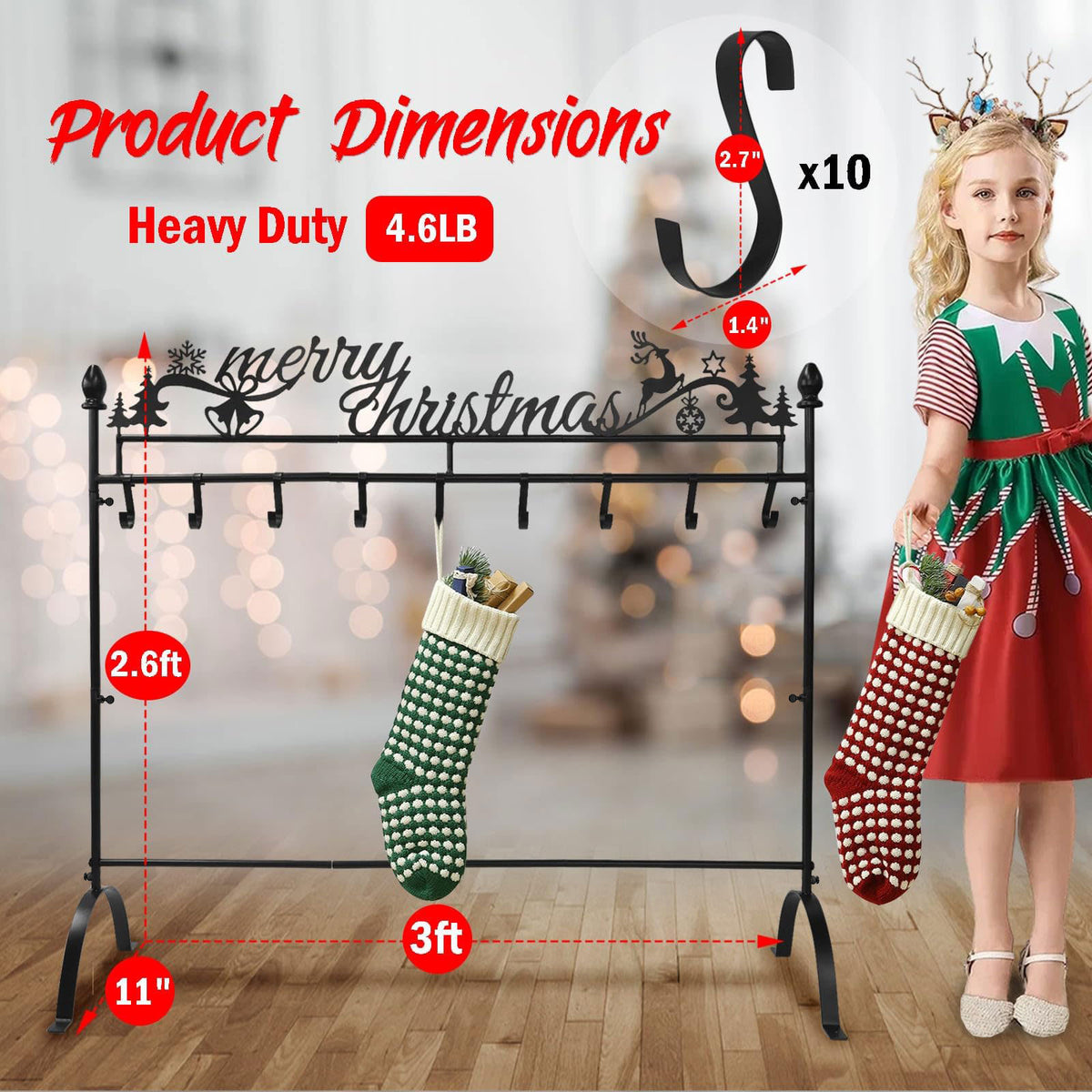 Merry Christmas Stocking Holder Stand — 2.6FT Floor Rack with 10 Hooks