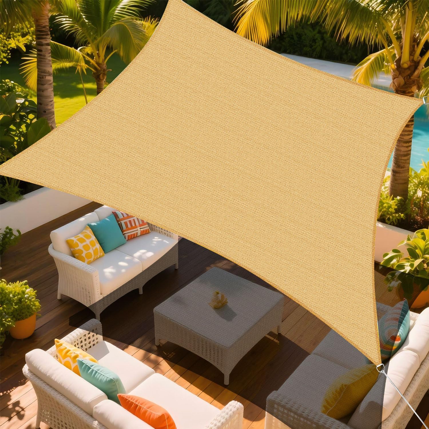 12' x 12' Square Sun Shade Sail, Permeable Sail Shades Canopy Cloth Shelter Cover, 185 GSM HDPE 95% UV Blockage, Sunshade Awning Canopies Outdoor for Patio Garden Backyard Deck -Sand