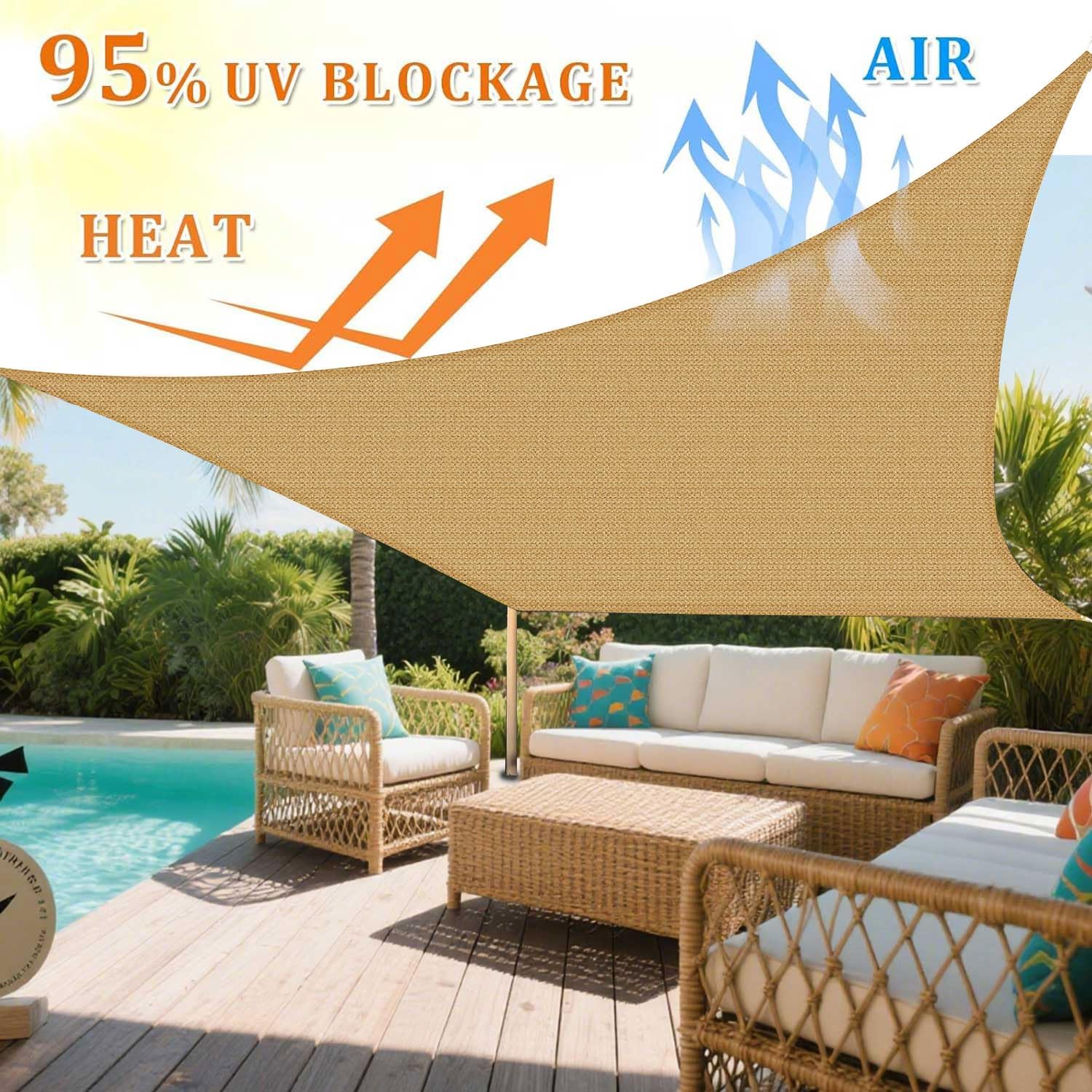 12' x 12' Square Sun Shade Sail, Permeable Sail Shades Canopy Cloth Shelter Cover, 185 GSM HDPE 95% UV Blockage, Sunshade Awning Canopies Outdoor for Patio Garden Backyard Deck -Sand