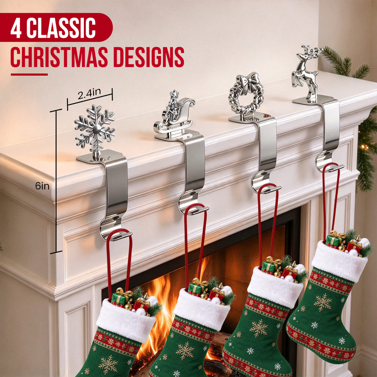 Christmas Stocking Holder for Mantle Set of 4, Heavy Duty Stocking Hangers, 4 Metal Stocking Hooks with Reindeer Wreath Snowflake Sleigh, Weighted Stocking Holders for Mantel Fireplace Xmas Decorations