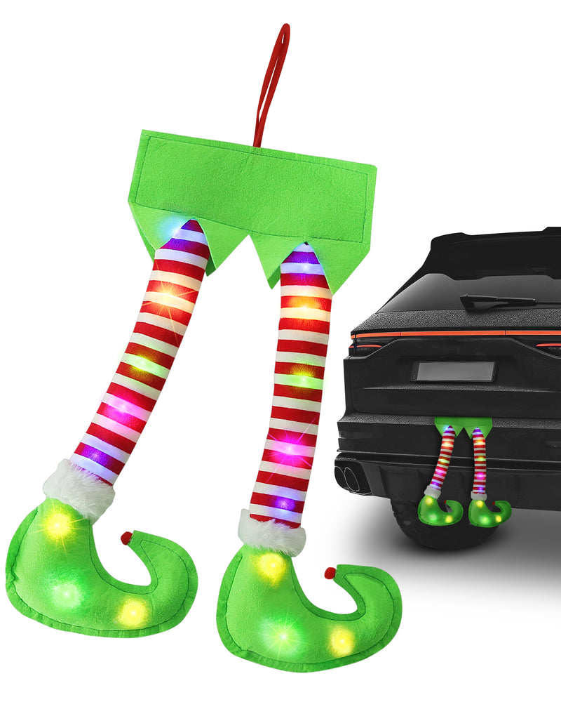 Christmas Elf Legs for Car Trunk with LED Lights - Flashing Stuffing Xmas Striped Red Elf Leg Decorations, for Cars Trucks SUV, XMAS-Tree Fireplace Door Hanging Decor Gifts for Friends, with Gift-box