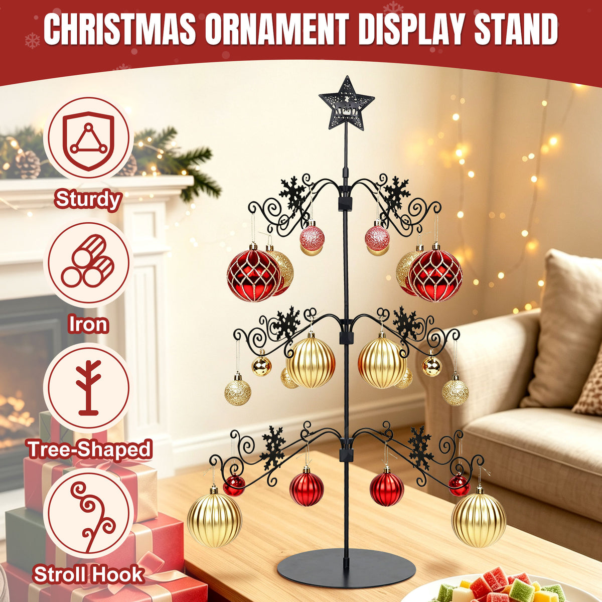 31" Metal Christmas Ornament Display Stand — 3-Tier Tree with 48 Hooks