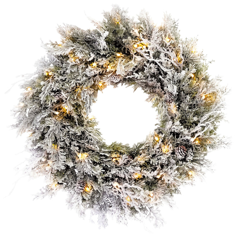 IC ICLOVER Snowy Flocked Christmas Wreath, 24 Inch Prelit Christmas Wreath for Front Door with 50 Warm LED Lights Red Berries Pine Cones, Xmas Christmas Door Decorations for Home Outdoor Indoor