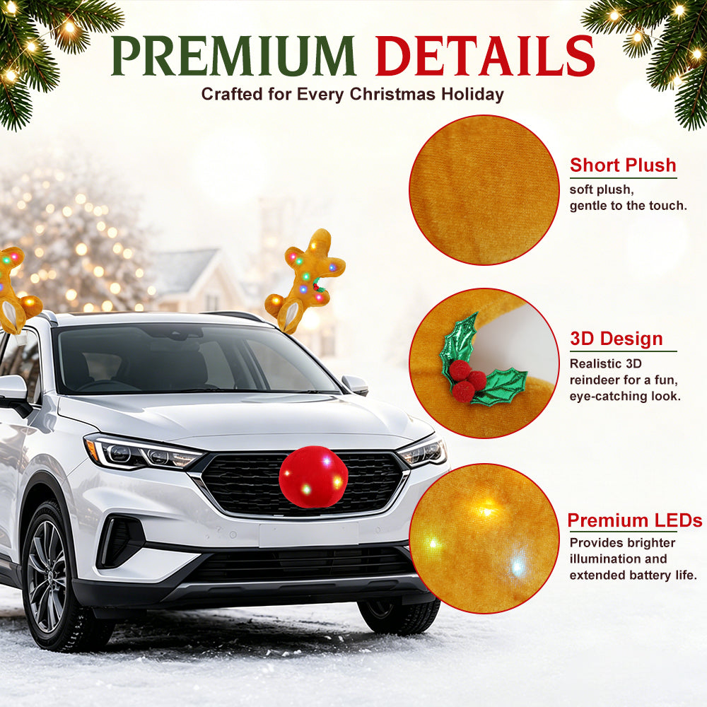 IC ICLOVER LED Reindeer Car Kit - Light Up Christmas Car Decorations, Car Reindeer Antlers & Red Nose & Tail, Car Christmas Decorations Xmas Gifts for Car SUV MPV Van Truck