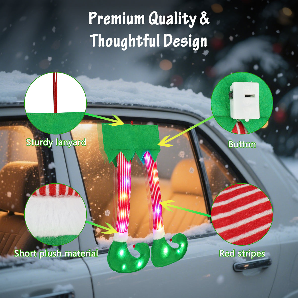 Elf Legs for Car Trunk, Christmas Elves Legs Car Decoration with LED Lights, Elf Legs Car Decor with Multicolor LEDs, Plush Santa Elf Leg Pendant, Xmas Elf Feet Hanging Ornament Gift, Fits Most Vehicles