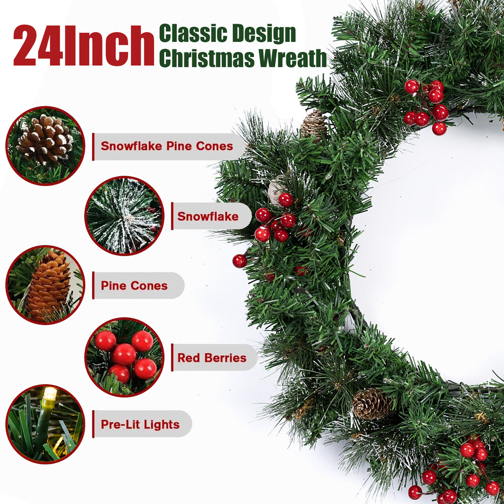 IC ICLOVER Christmas Wreath, Pre-lit Artificial Christmas Wreaths for Front Door Decorated with Pine Cones, Red Berries, Frosted Branches, Wreath with 50 LED Lights for Wall Indoor Outdoor (24inch)