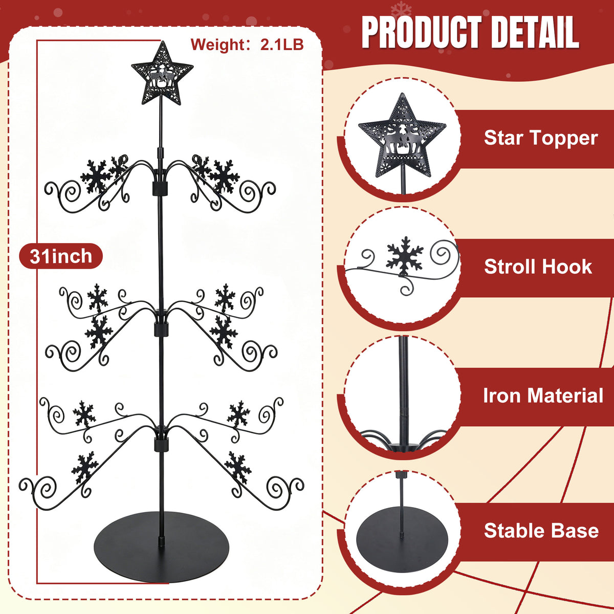 31" Metal Christmas Ornament Display Stand — 3-Tier Tree with 48 Hooks