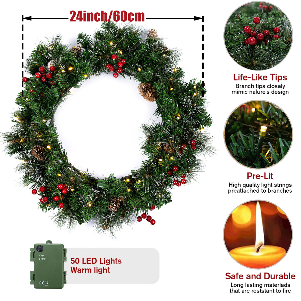 IC ICLOVER Christmas Wreath, Pre-lit Artificial Christmas Wreaths for Front Door Decorated with Pine Cones, Red Berries, Frosted Branches, Wreath with 50 LED Lights for Wall Indoor Outdoor (24inch)