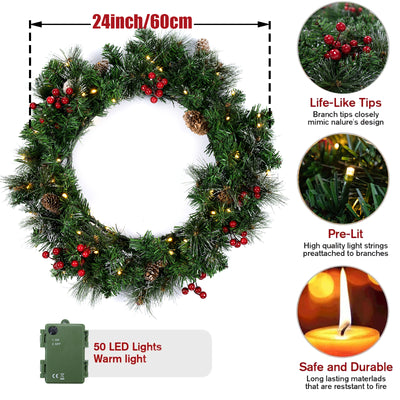 IC ICLOVER Christmas Wreath, Pre-lit Artificial Christmas Wreaths for Front Door Decorated with Pine Cones, Red Berries, Frosted Branches, Wreath with 50 LED Lights for Wall Indoor Outdoor (24inch)