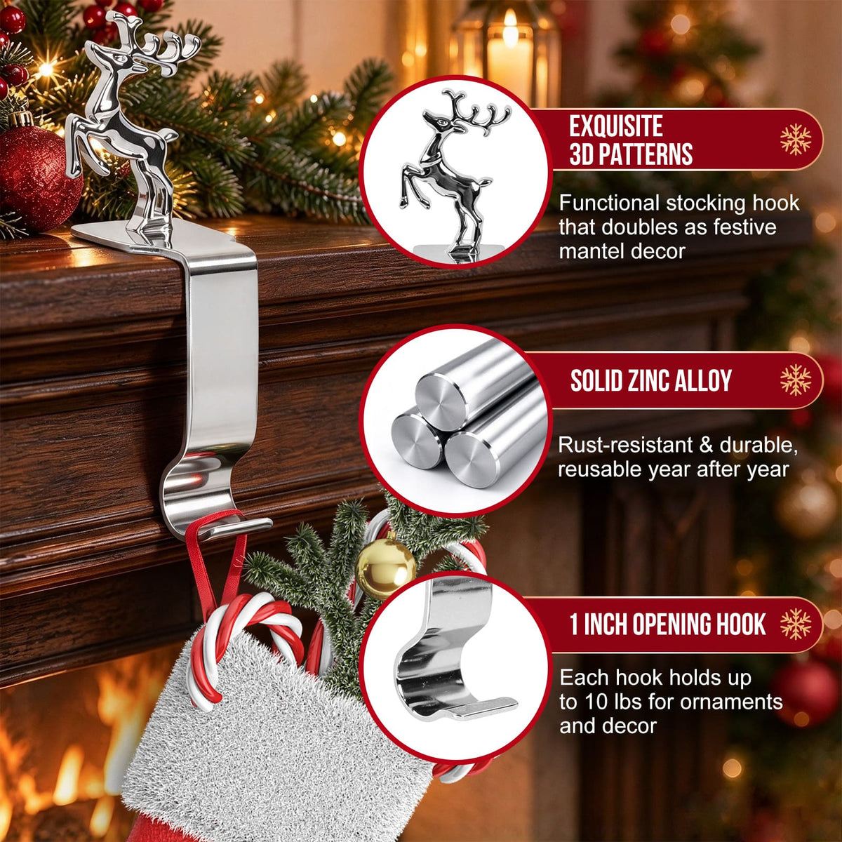 Christmas Stocking Holder for Mantle Set of 4, Heavy Duty Stocking Hangers, 4 Metal Stocking Hooks with Reindeer Wreath Snowflake Sleigh, Weighted Stocking Holders for Mantel Fireplace Xmas Decorations