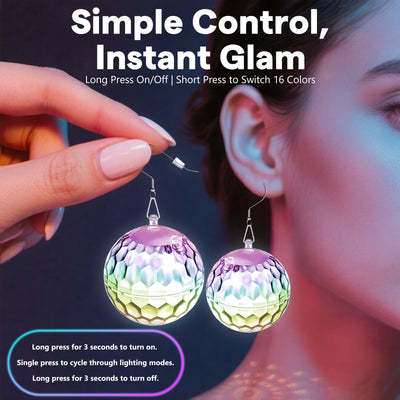 Disco Ball LED Earrings - 16 Light Modes Rechargeable Lighting Up Earrings | 70s 80s Neon Earrings for Women，Glow in the Dark Flashing Fun Earrings for Dance Rave Party,Glow up Gift (10 Hours Lasting)
