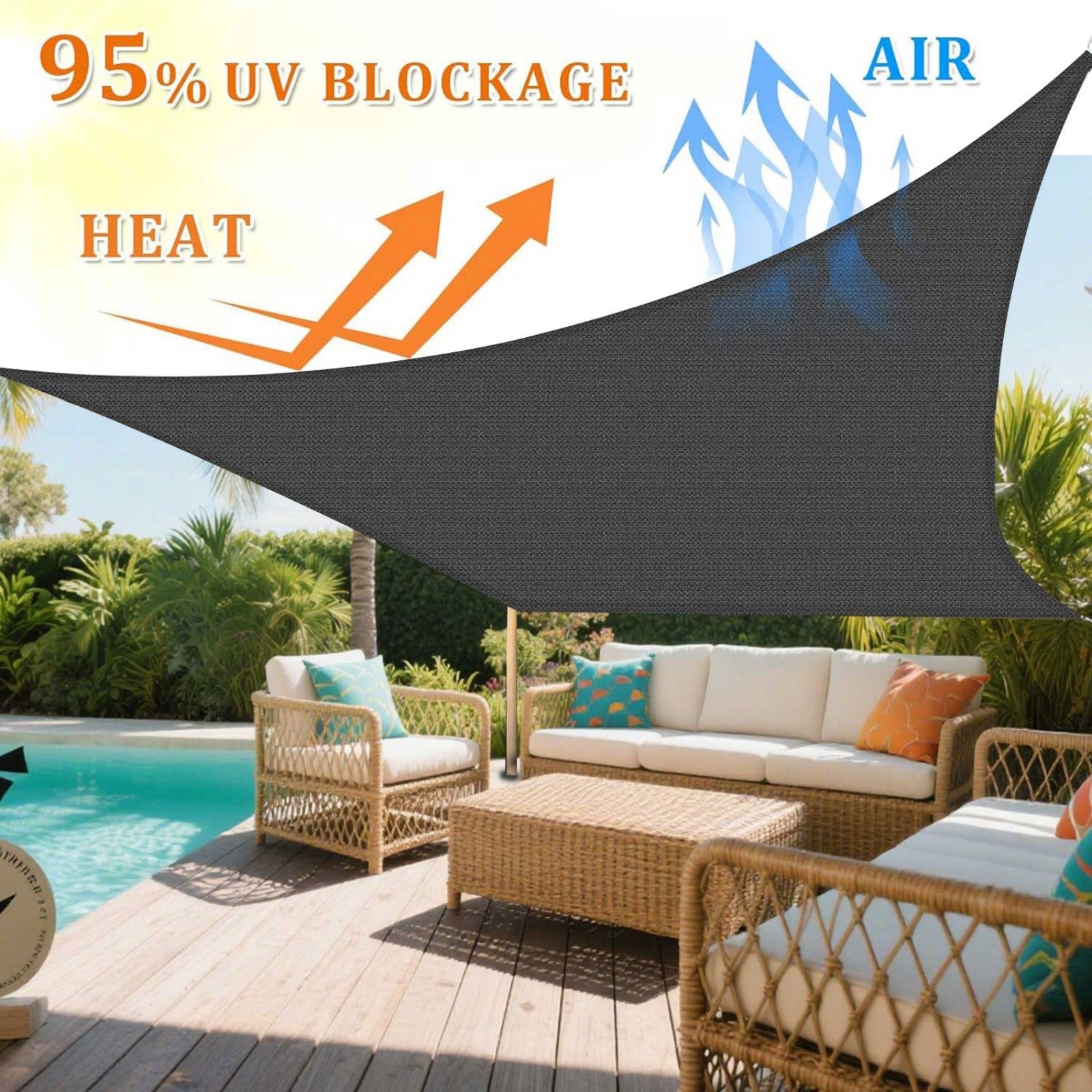 16' x 16' Square Sun Shade Sail, Permeable Sail Shades Canopy Cloth Shelter Cover, 185 GSM HDPE 95% UV Blockage, Sunshade Awning Canopies Outdoor for Patio Garden Backyard Deck -Dark Gray