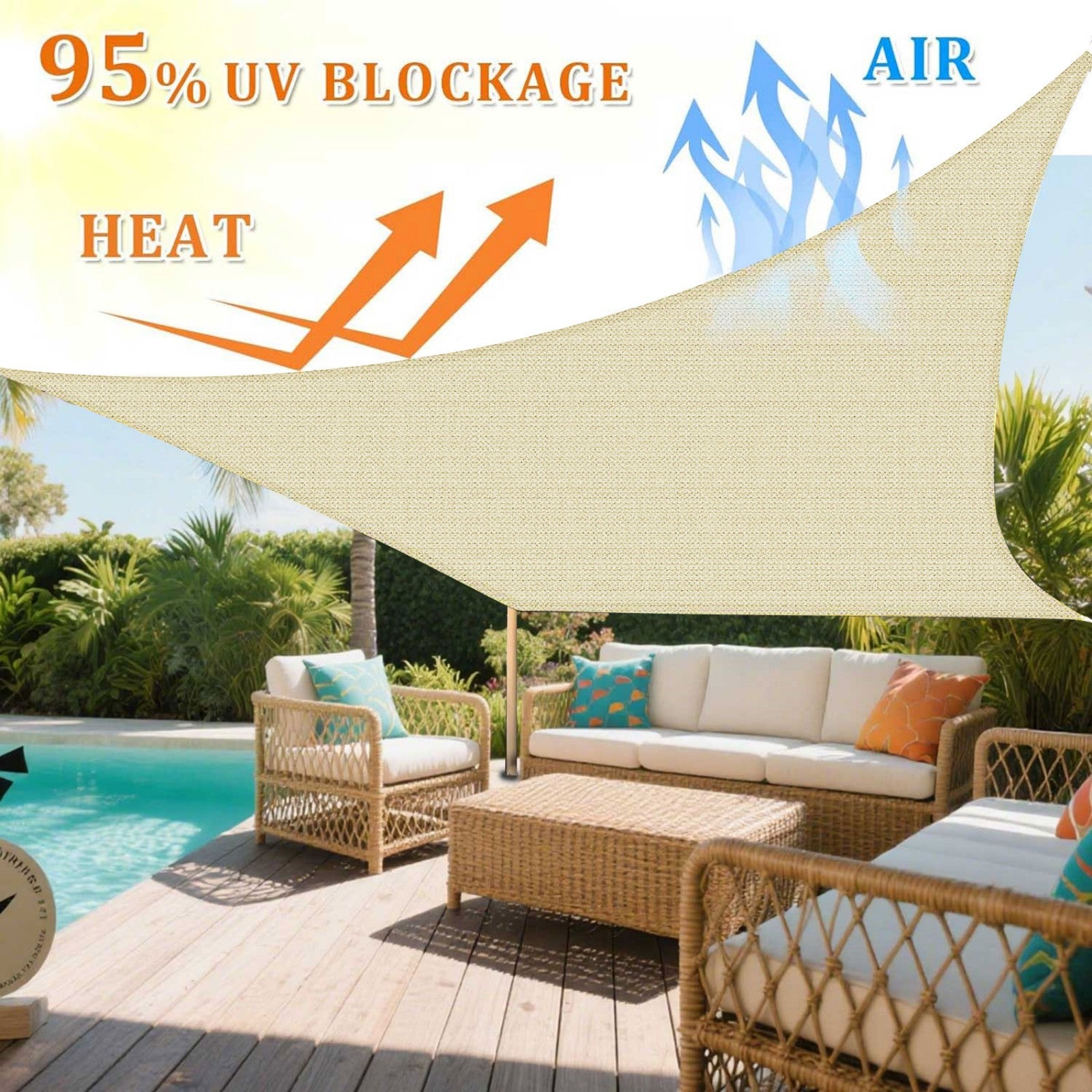 12' x 12' Square Sun Shade Sail, Permeable Sail Shades Canopy Cloth Shelter Cover, 185 GSM HDPE 95% UV Blockage, Sunshade Awning Canopies Outdoor for Patio Garden Backyard Deck -Cream