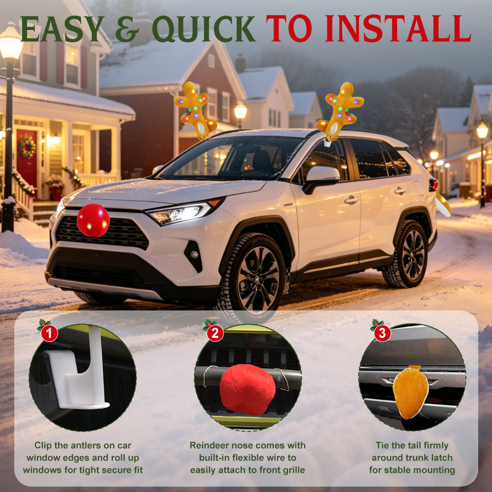 IC ICLOVER LED Reindeer Car Kit - Light Up Christmas Car Decorations, Car Reindeer Antlers & Red Nose & Tail, Car Christmas Decorations Xmas Gifts for Car SUV MPV Van Truck