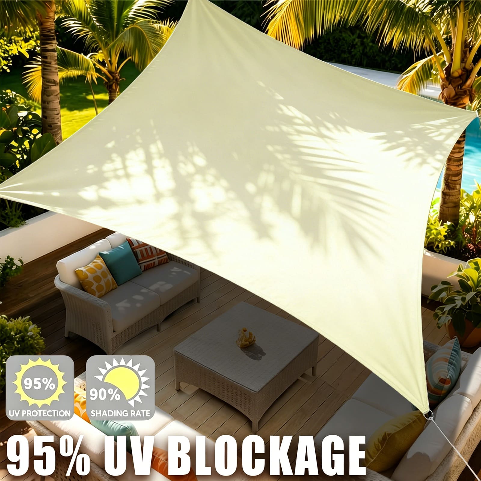 Waterproof Shade Sail, Polyester Sun Shade Sail  | 95% UV Block, Patio Sun Cover, Water Resistant Rain Shelter, Backyard Sunshade Awning Canopy for Outdoor Garden Yard Deck