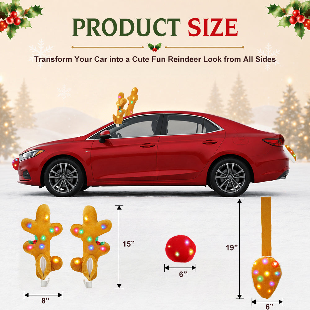 IC ICLOVER LED Reindeer Car Kit - Light Up Christmas Car Decorations, Car Reindeer Antlers & Red Nose & Tail, Car Christmas Decorations Xmas Gifts for Car SUV MPV Van Truck