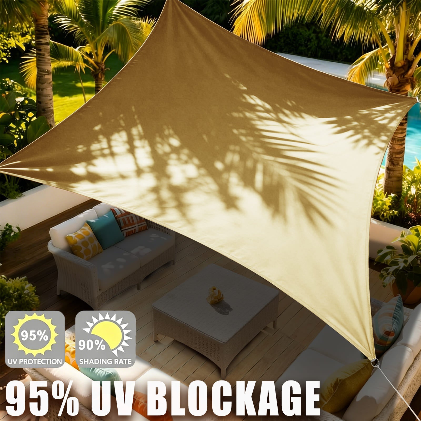 Waterproof Shade Sail, Polyester Sun Shade Sail  | 95% UV Block, Patio Sun Cover, Water Resistant Rain Shelter, Backyard Sunshade Awning Canopy for Outdoor Garden Yard Deck