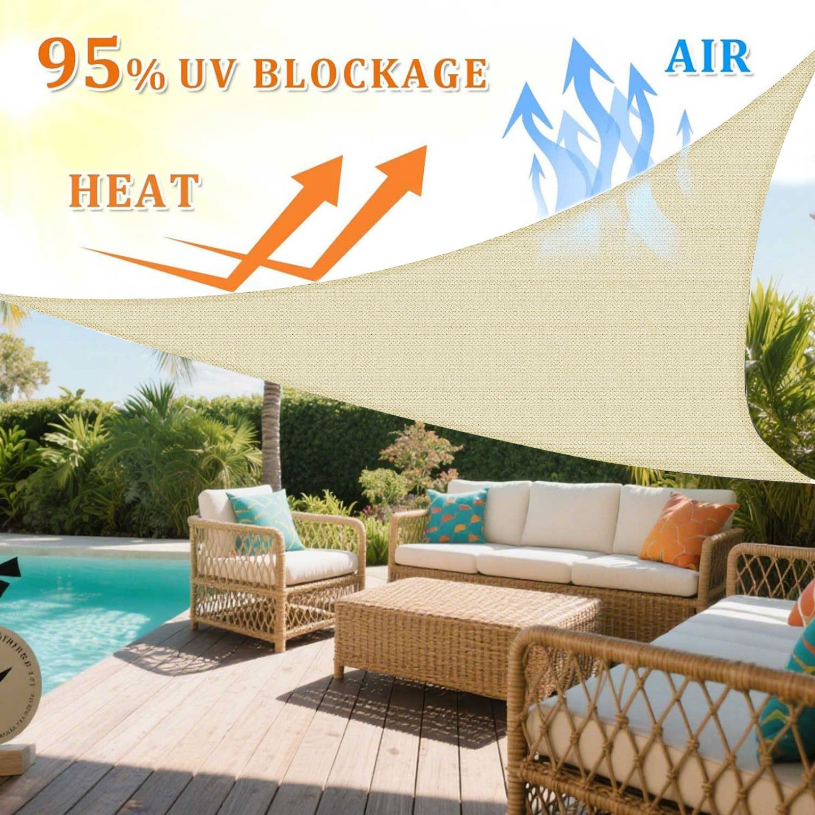 12' x 12' x 12' Triangle Sun Shade Sail, Permeable Sail Shades Canopy Cloth Shelter Cover, 185 GSM HDPE 95% UV Blockage, Sunshade Awning Canopies Outdoor for Patio Garden Backyard Deck -Cream