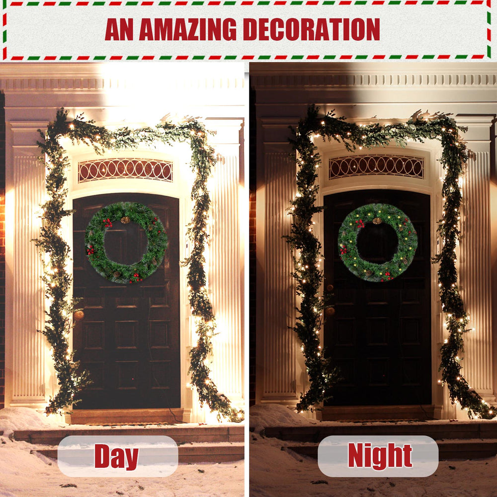 IC ICLOVER Christmas Wreath, Pre-lit Artificial Christmas Wreaths for Front Door Decorated with Pine Cones, Red Berries, Frosted Branches, Wreath with 50 LED Lights for Wall Indoor Outdoor (24inch)