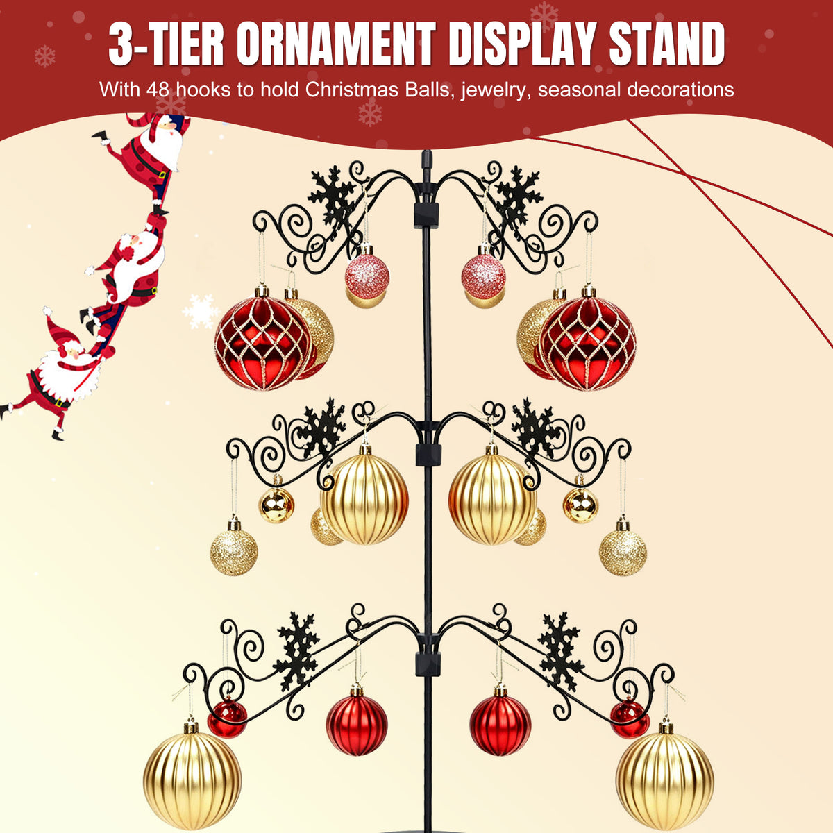 31" Metal Christmas Ornament Display Stand — 3-Tier Tree with 48 Hooks