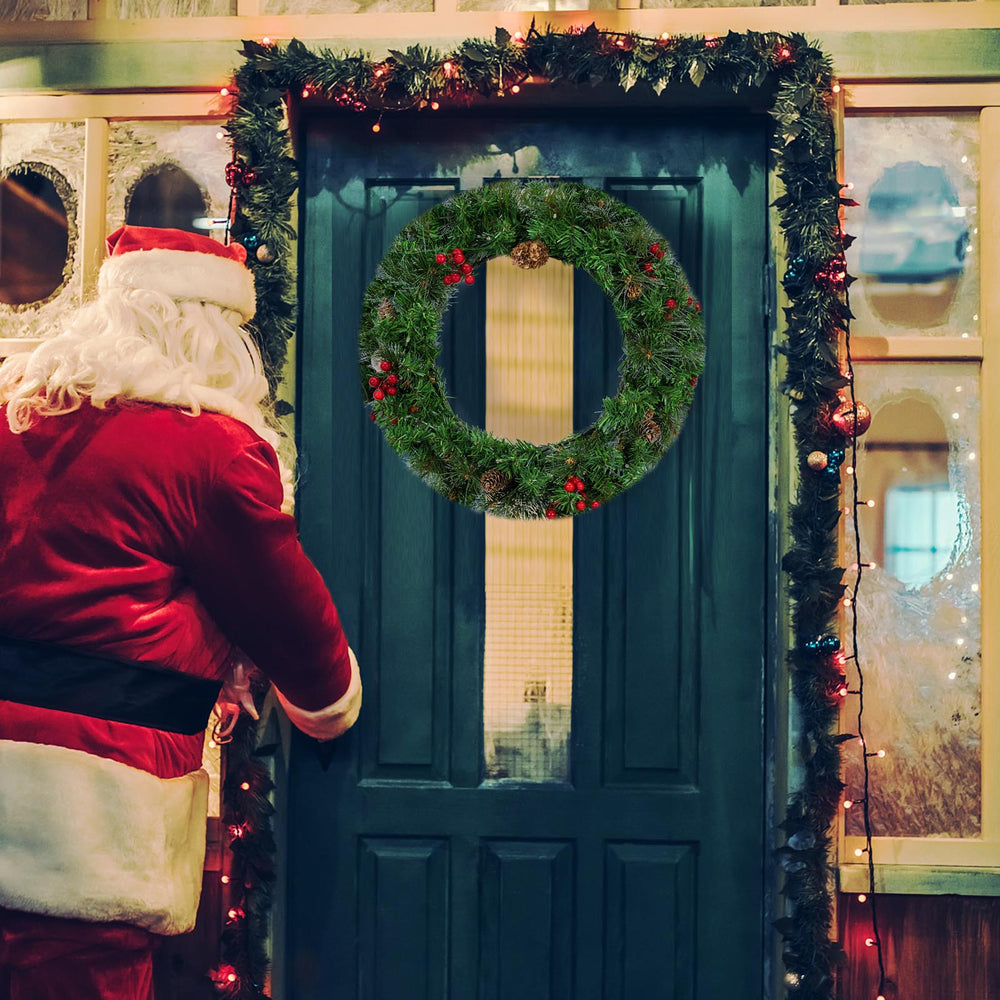 IC ICLOVER Christmas Wreath, Pre-lit Artificial Christmas Wreaths for Front Door Decorated with Pine Cones, Red Berries, Frosted Branches, Wreath with 50 LED Lights for Wall Indoor Outdoor (24inch)