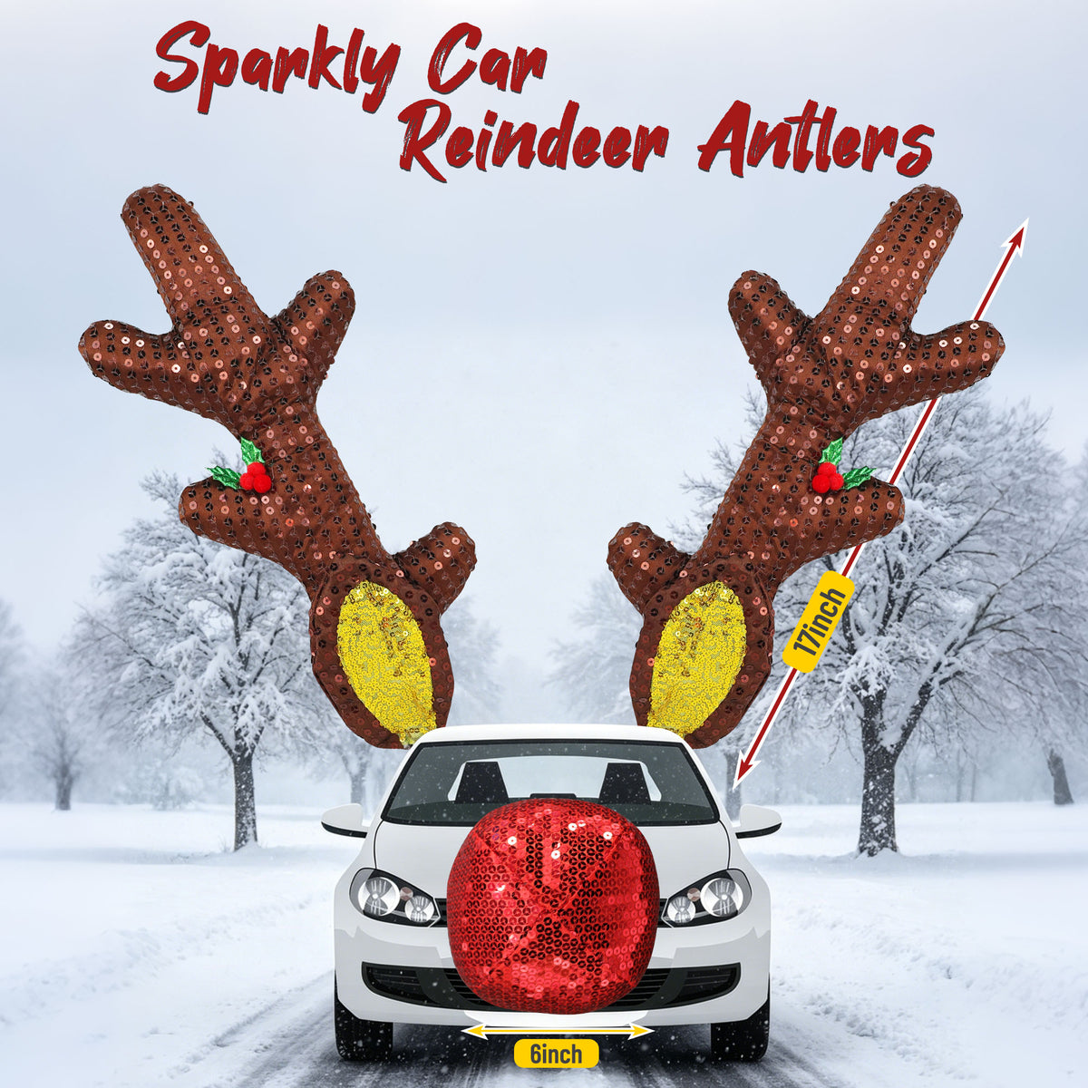 Sparkly Sequin Reindeer Antlers for Car — Christmas Reindeer Car Kit