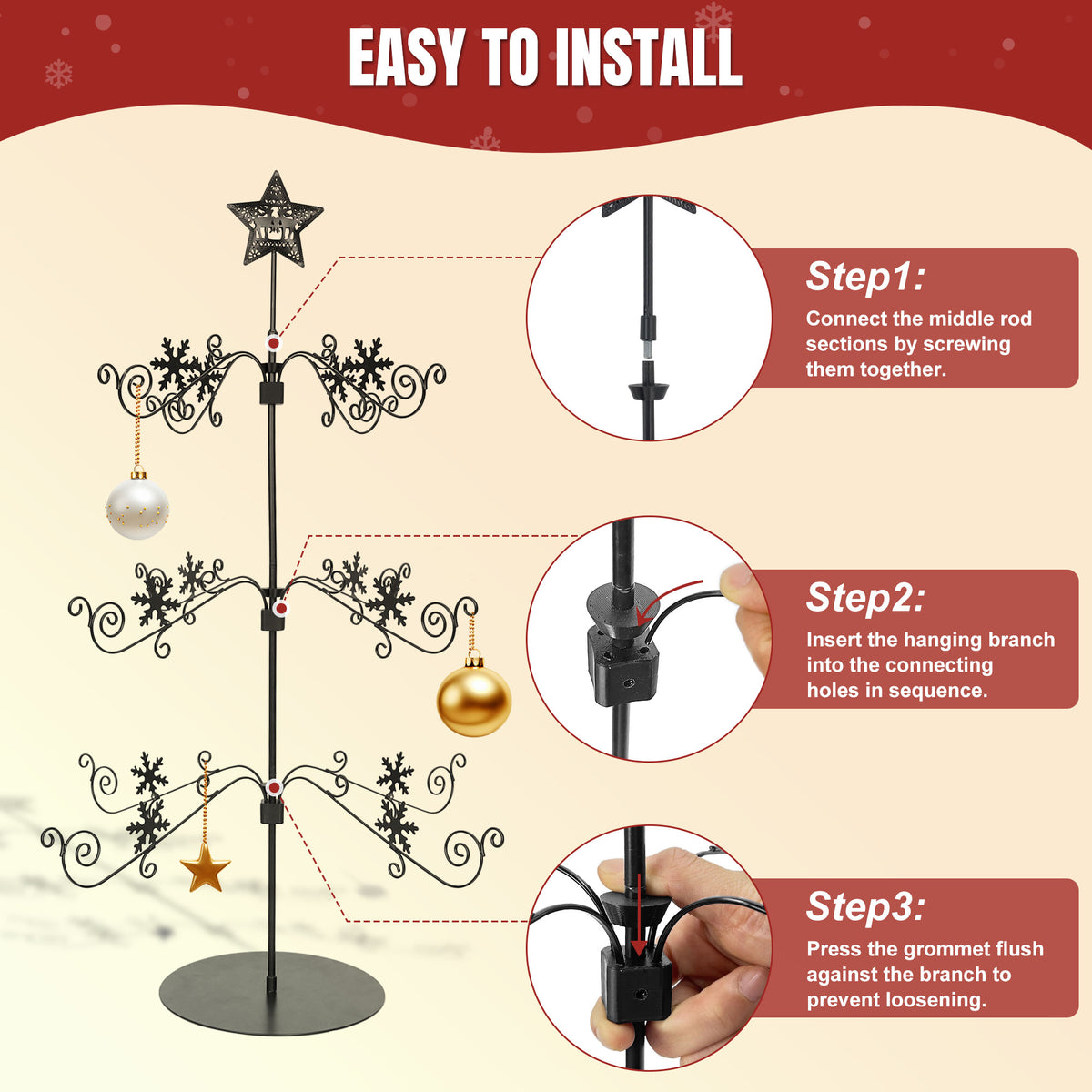 31" Metal Christmas Ornament Display Stand — 3-Tier Tree with 48 Hooks