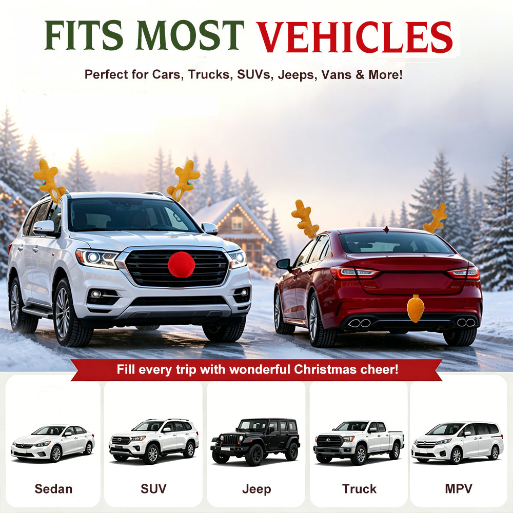 IC ICLOVER LED Reindeer Car Kit - Light Up Christmas Car Decorations, Car Reindeer Antlers & Red Nose & Tail, Car Christmas Decorations Xmas Gifts for Car SUV MPV Van Truck