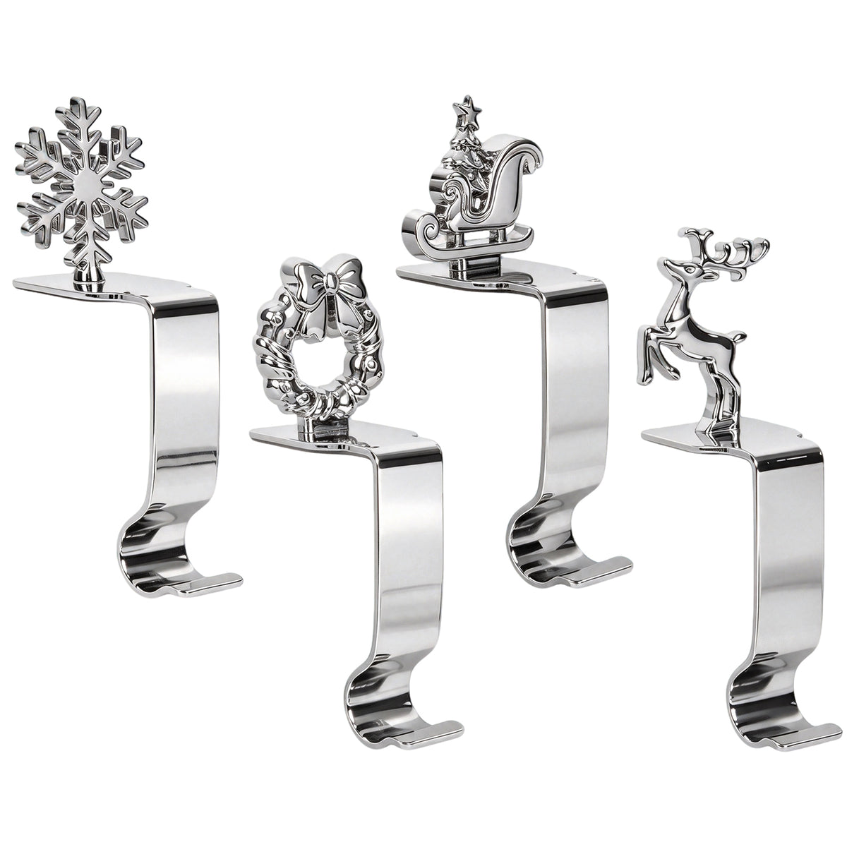 Christmas Stocking Holder for Mantle Set of 4, Heavy Duty Stocking Hangers, 4 Metal Stocking Hooks with Reindeer Wreath Snowflake Sleigh, Weighted Stocking Holders for Mantel Fireplace Xmas Decorations