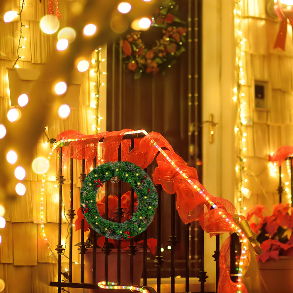 IC ICLOVER Christmas Wreath, Pre-lit Artificial Christmas Wreaths for Front Door Decorated with Pine Cones, Red Berries, Frosted Branches, Wreath with 50 LED Lights for Wall Indoor Outdoor (24inch)