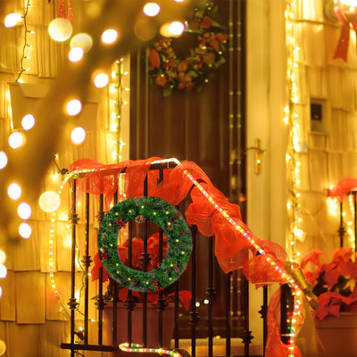 IC ICLOVER Christmas Wreath, Pre-lit Artificial Christmas Wreaths for Front Door Decorated with Pine Cones, Red Berries, Frosted Branches, Wreath with 50 LED Lights for Wall Indoor Outdoor (24inch)