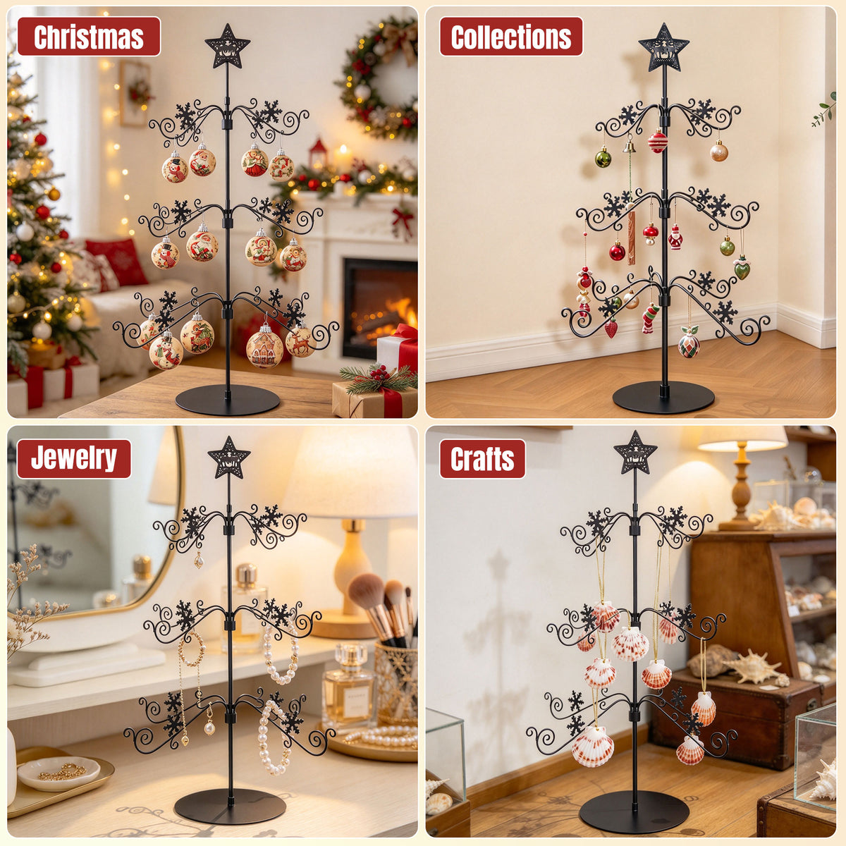 31" Metal Christmas Ornament Display Stand — 3-Tier Tree with 48 Hooks
