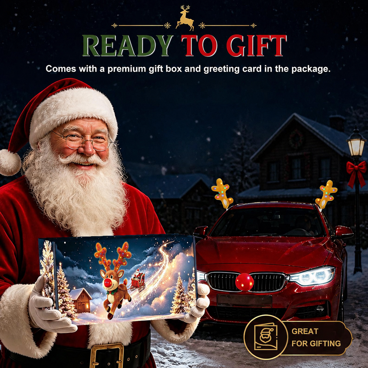 IC ICLOVER LED Reindeer Car Kit - Light Up Christmas Car Decorations, Car Reindeer Antlers & Red Nose & Tail, Car Christmas Decorations Xmas Gifts for Car SUV MPV Van Truck