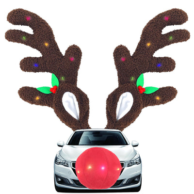 IC ICLOVER Reindeer Antlers for Cars with LED Lights, Car Reindeer Antlers & Red Nose, Christmas Glowing LED Reindeer Car Costume Kit, Car Christmas Decorations Xmas Gifts for Car SUV MPV Van Truck