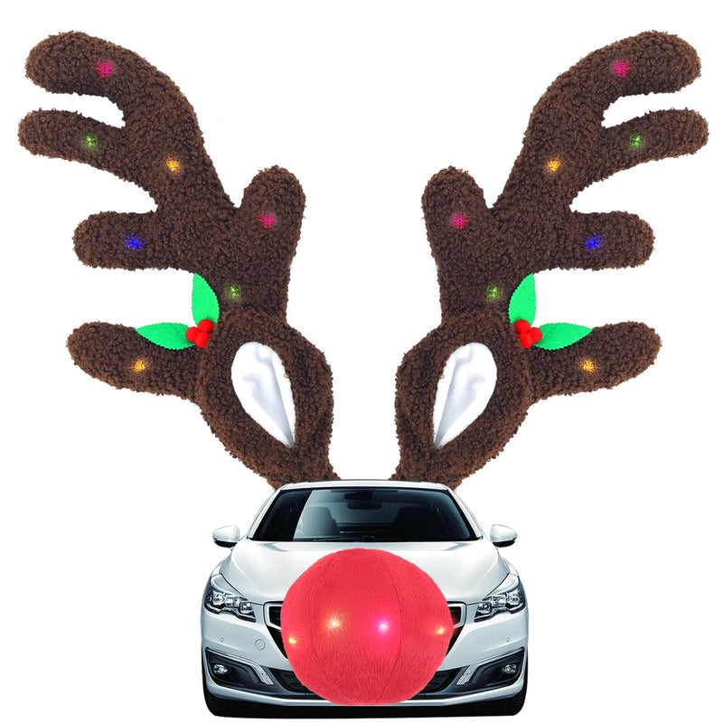 IC ICLOVER Reindeer Antlers for Cars with LED Lights, Car Reindeer Antlers & Red Nose, Christmas Glowing LED Reindeer Car Costume Kit, Car Christmas Decorations Xmas Gifts for Car SUV MPV Van Truck