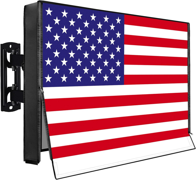 IC ICLOVER US Flag Outdoor TV Cover for 32Inch/39-40Inch/43Inch/48-50Inch/52-55Inch/60-65Inch, 600D Heavy Duty 4 Season Weatherproof TV Screen Protector with Waterproof Zipper Access & Remote Control Pocket, Outside Television Enclosure for LED, LCD TVs