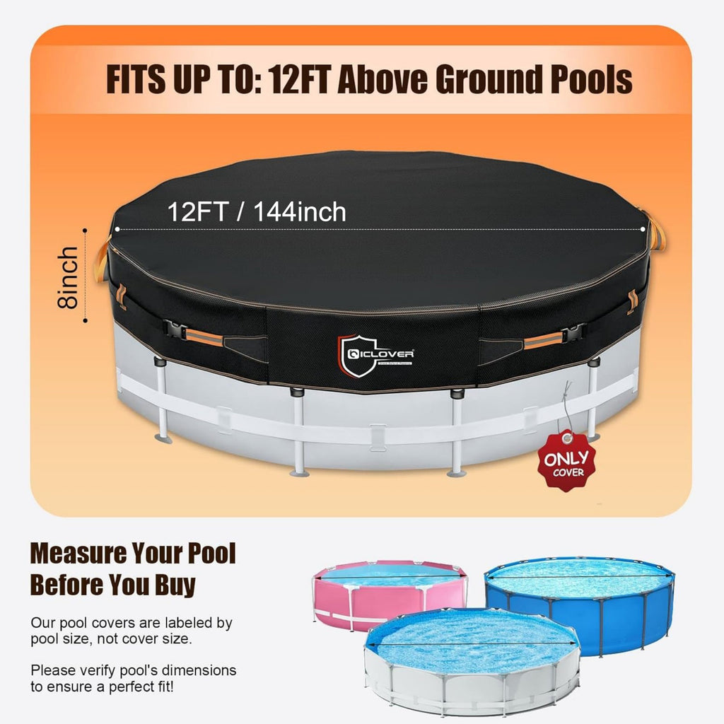 IC ICLOVER Round Pool Covers for Above Ground Pools, 500D Heavy Duty Solar Pool Cover Waterproof Protector Tarp with Super Windproof Gel-Coated Straps, Prevent Leaves Dust Debris UV Resistant