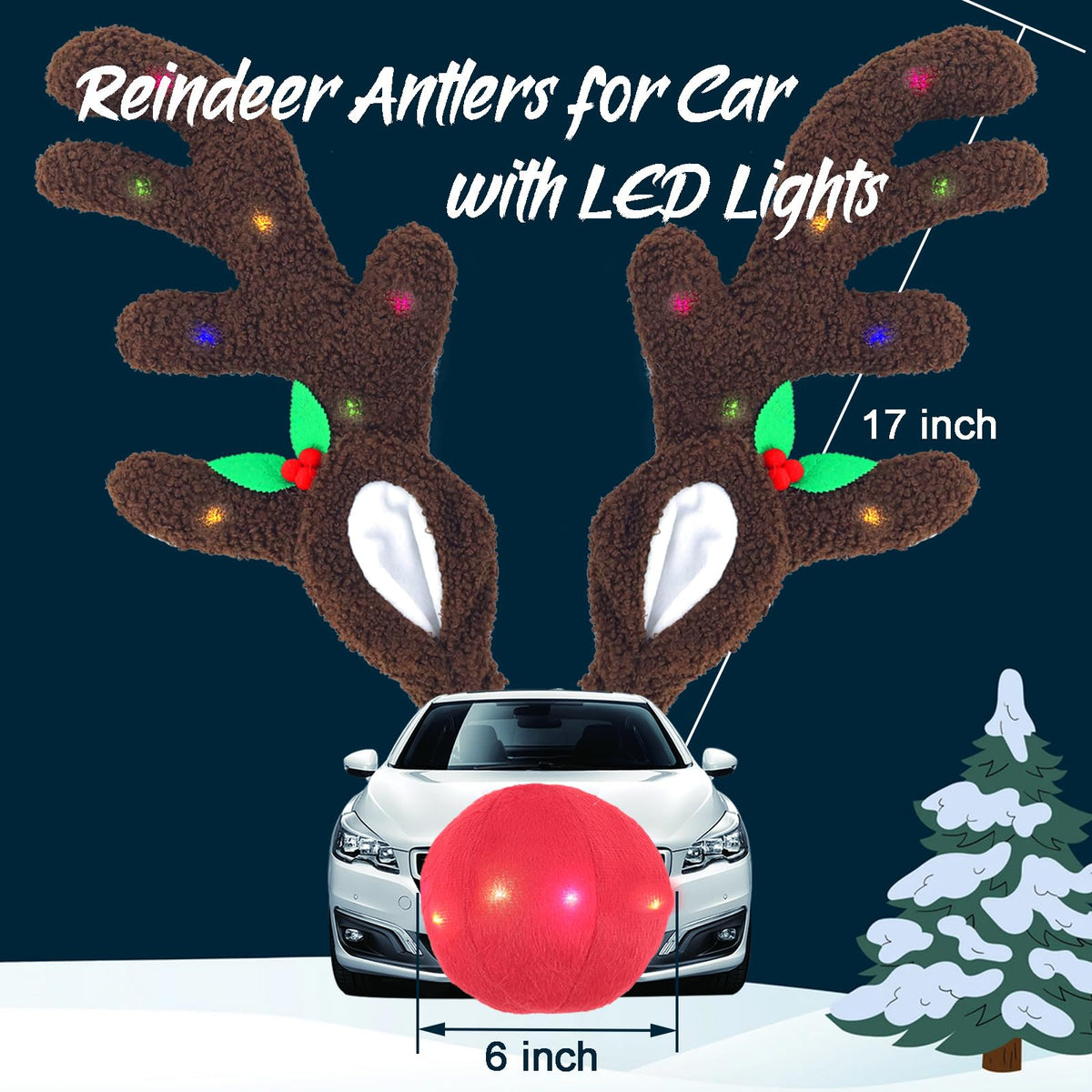 IC ICLOVER Reindeer Antlers for Cars with LED Lights, Car Reindeer Antlers & Red Nose, Christmas Glowing LED Reindeer Car Costume Kit, Car Christmas Decorations Xmas Gifts for Car SUV MPV Van Truck