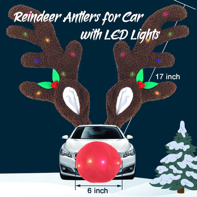 IC ICLOVER Reindeer Antlers for Cars with LED Lights, Car Reindeer Antlers & Red Nose, Christmas Glowing LED Reindeer Car Costume Kit, Car Christmas Decorations Xmas Gifts for Car SUV MPV Van Truck