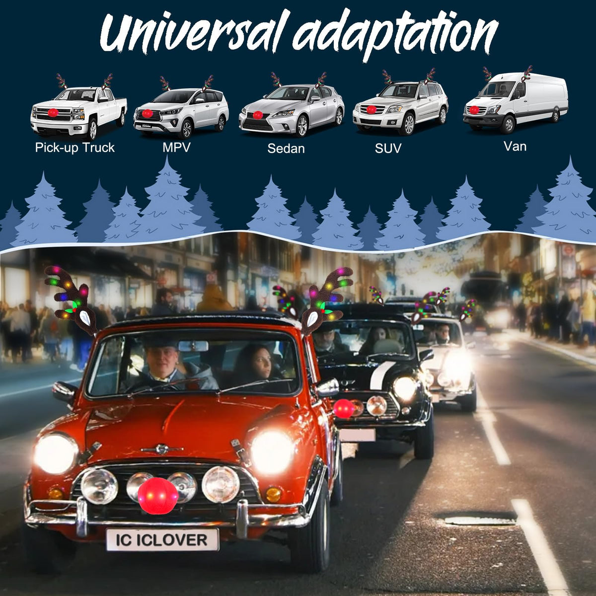 IC ICLOVER Reindeer Antlers for Cars with LED Lights, Car Reindeer Antlers & Red Nose, Christmas Glowing LED Reindeer Car Costume Kit, Car Christmas Decorations Xmas Gifts for Car SUV MPV Van Truck