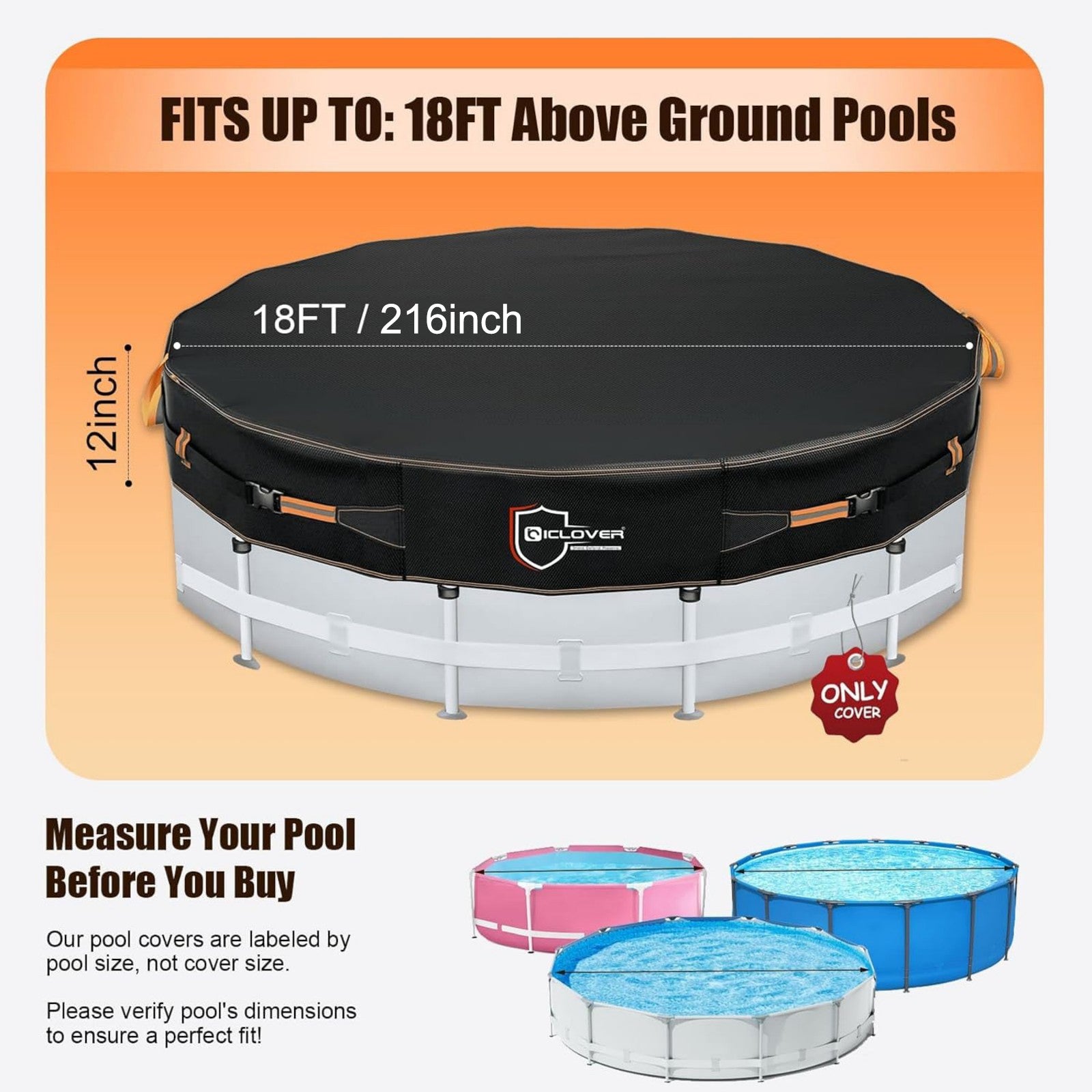 IC ICLOVER Round Pool Covers for Above Ground Pools, 500D Heavy Duty Solar Pool Cover Waterproof Protector Tarp with Super Windproof Gel-Coated Straps, Prevent Leaves Dust Debris UV Resistant