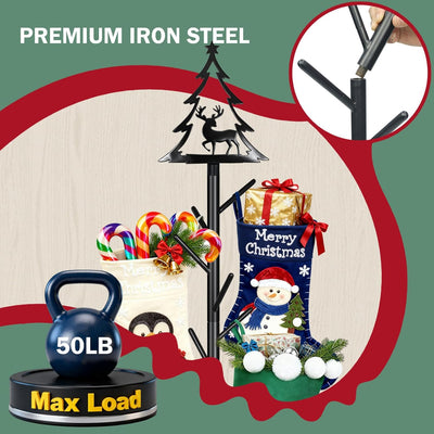 Christmas Stocking Holder Stand with 8 Hooks, Tree-Shaped Freestanding Stocking Holder Stand for Floor, Durable Metal Christmas Stockings Hangers Rack with Reindeer Decoration for Fireplace,Home Room