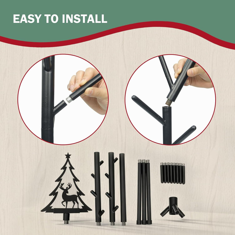 Christmas Stocking Holder Stand with 8 Hooks, Tree-Shaped Freestanding Stocking Holder Stand for Floor, Durable Metal Christmas Stockings Hangers Rack with Reindeer Decoration for Fireplace,Home Room