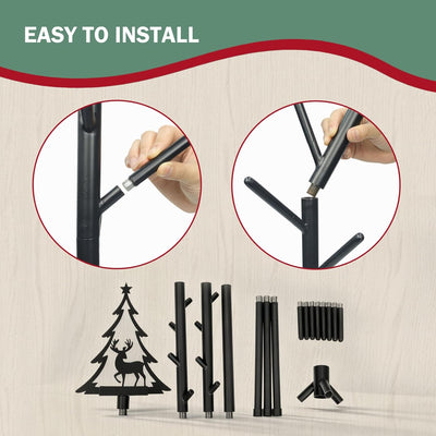 Christmas Stocking Holder Stand with 8 Hooks, Tree-Shaped Freestanding Stocking Holder Stand for Floor, Durable Metal Christmas Stockings Hangers Rack with Reindeer Decoration for Fireplace,Home Room