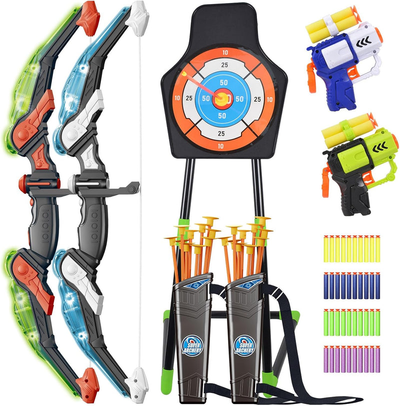 2 Pack Kids Bow And Arrow Set, with LED Light Up Archery, 20 Suction Cup Arrows, 2 Quiver, 1 Standing Target, 2 Soft Dart Guns&50 Soft Darts, Indoor Outdoor Birthday Gifts Toys for Boy Girl Ages 4-12