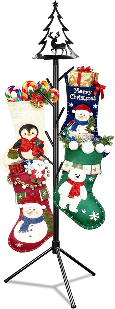 Christmas Stocking Holder Stand with 8 Hooks, Tree-Shaped Freestanding Stocking Holder Stand for Floor, Durable Metal Christmas Stockings Hangers Rack with Reindeer Decoration for Fireplace,Home Room