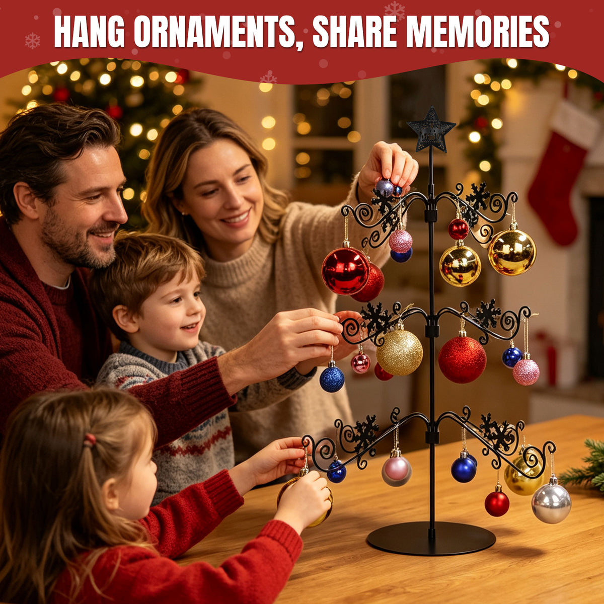 31" Metal Christmas Ornament Display Stand — 3-Tier Tree with 48 Hooks