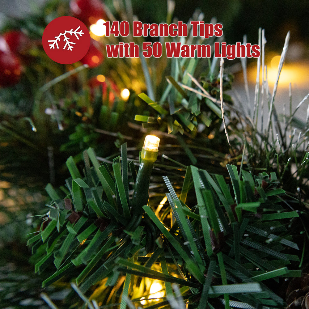 IC ICLOVER Christmas Wreath, Pre-lit Artificial Christmas Wreaths for Front Door Decorated with Pine Cones, Red Berries, Frosted Branches, Wreath with 50 LED Lights for Wall Indoor Outdoor (24inch)