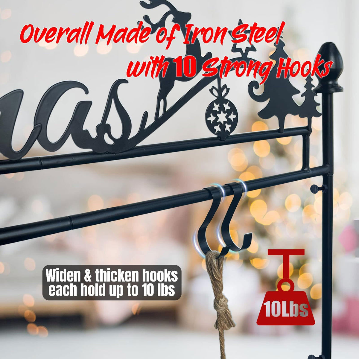 Merry Christmas Stocking Holder Stand — 2.6FT Floor Rack with 10 Hooks